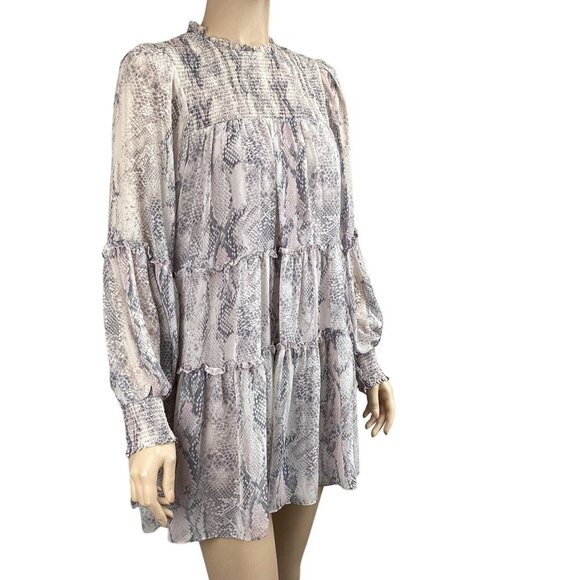 Olivaceous Snakeprint Tiered Smocked Mini Dress Size Small Long Sleeve - Picture 4 of 8